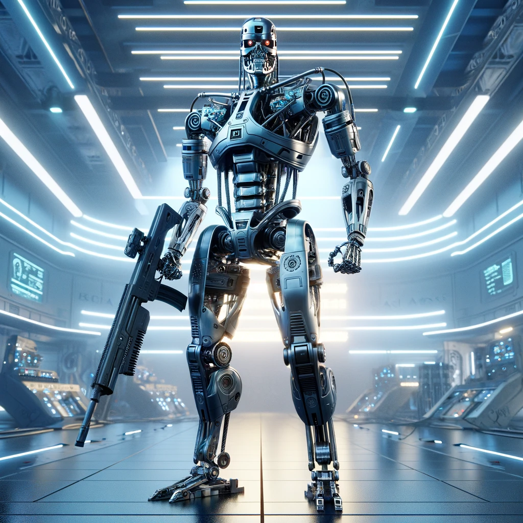 DALL·E 2024-02-17 00.19.51 - Design a 4K image of a Skynet T-800 robot, standing ready for battle in the AGI Arena, equipped with state-of-the-art futur